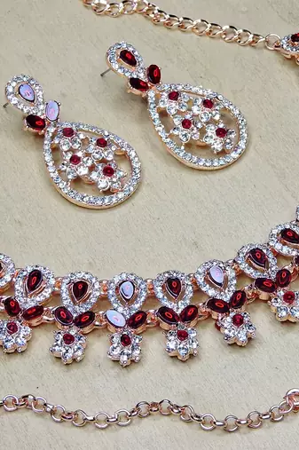 Maroon rose gold premium designer american diamond and stone work necklace set