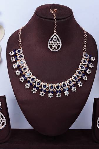 Blue rose gold premium designer american diamond and stone work necklace set