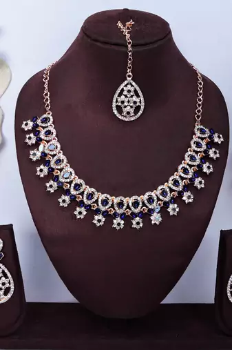 Blue rose gold premium designer american diamond and stone work necklace set