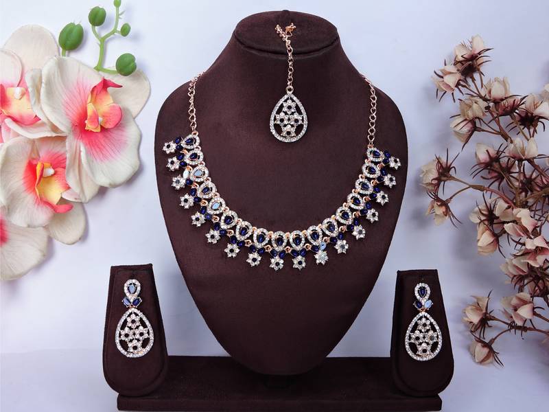 Blue rose gold premium designer american diamond and stone work necklace set