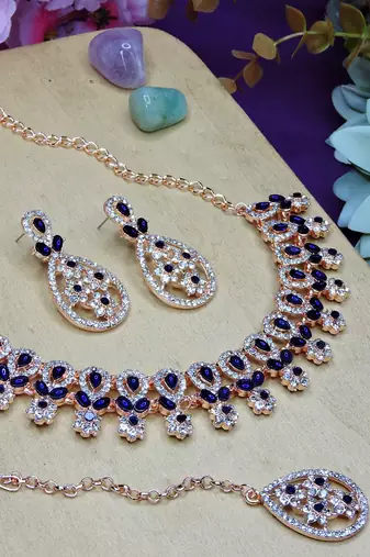 Blue rose gold premium designer american diamond and stone work necklace set