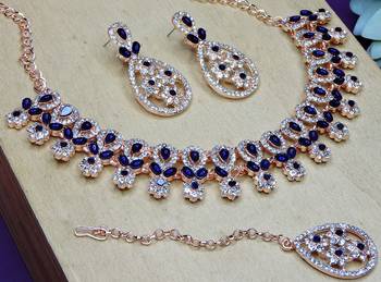 Blue rose gold premium designer american diamond and stone work necklace set 3