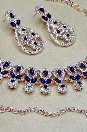 Blue rose gold premium designer american diamond and stone work necklace set