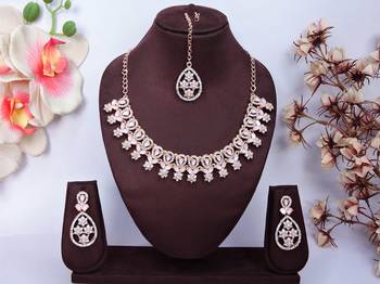 Pink rose gold premium designer american diamond and stone work necklace set 1