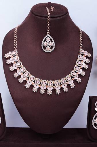 Pink rose gold premium designer american diamond and stone work necklace set