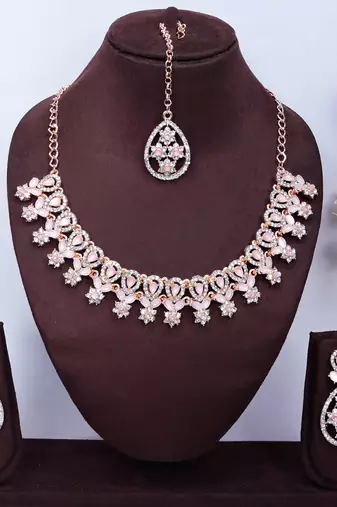 Pink rose gold premium designer american diamond and stone work necklace set