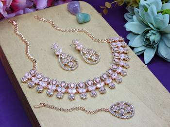 Pink rose gold premium designer american diamond and stone work necklace set 2