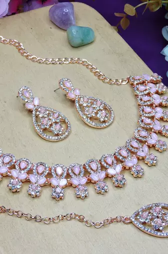 Pink rose gold premium designer american diamond and stone work necklace set