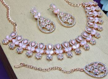 Pink rose gold premium designer american diamond and stone work necklace set 3