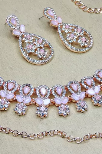 Pink rose gold premium designer american diamond and stone work necklace set