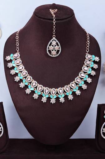 Green rose gold premium designer american diamond and stone work necklace set