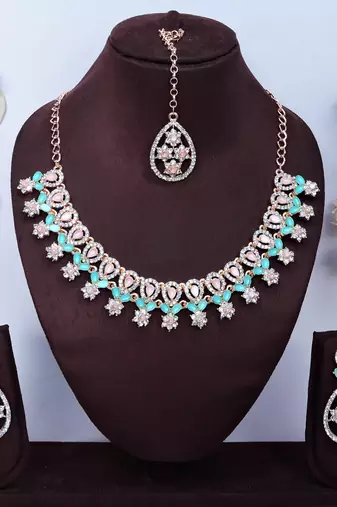 Green rose gold premium designer american diamond and stone work necklace set