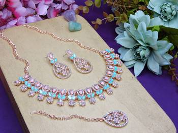 Green rose gold premium designer american diamond and stone work necklace set 2