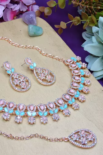Green rose gold premium designer american diamond and stone work necklace set