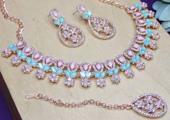 Green rose gold premium designer american diamond and stone work necklace set 3