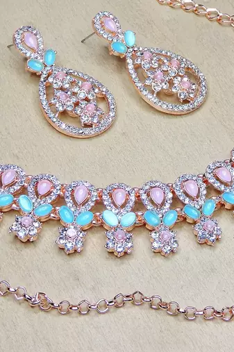 Green rose gold premium designer american diamond and stone work necklace set