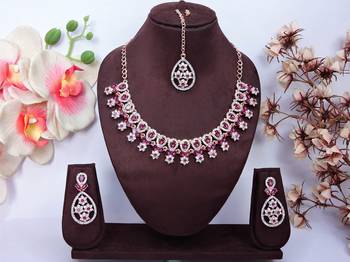 Purple rose gold premium designer american diamond and stone work necklace set 1