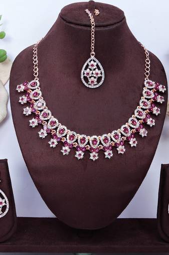 Purple rose gold premium designer american diamond and stone work necklace set