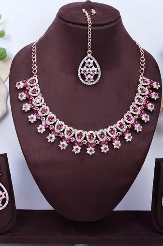 Purple rose gold premium designer american diamond and stone work necklace set