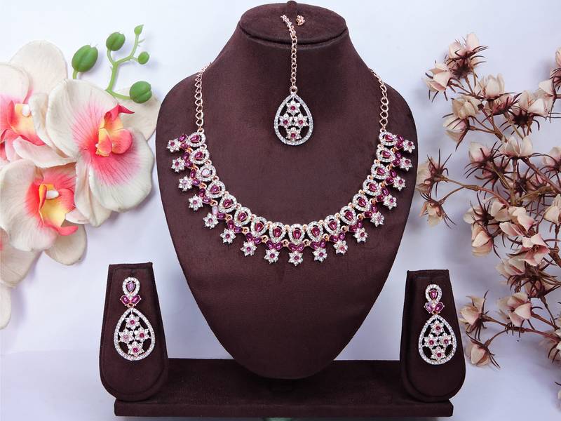 Purple rose gold premium designer american diamond and stone work necklace set