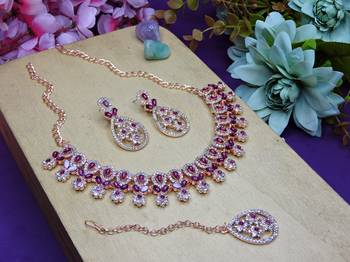 Purple rose gold premium designer american diamond and stone work necklace set 2