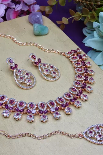 Purple rose gold premium designer american diamond and stone work necklace set