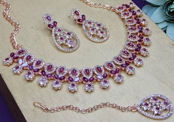 Purple rose gold premium designer american diamond and stone work necklace set 3