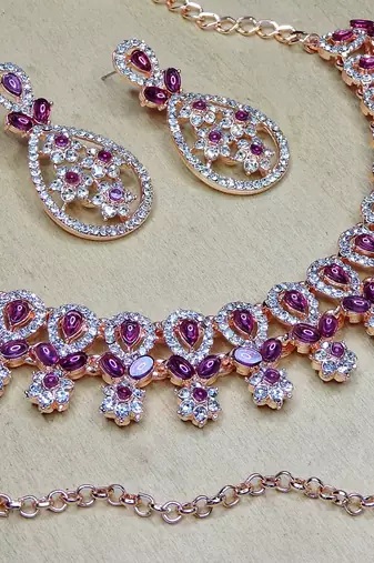 Purple rose gold premium designer american diamond and stone work necklace set