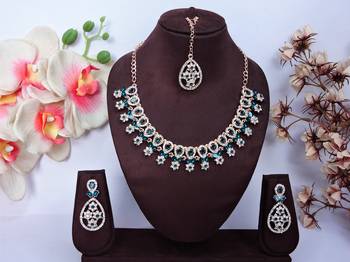 Blue rose gold premium designer american diamond and stone work necklace set 1