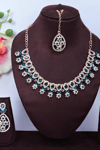 Blue rose gold premium designer american diamond and stone work necklace set