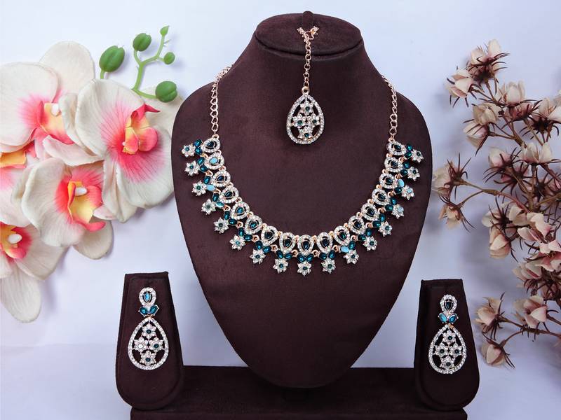 Blue rose gold premium designer american diamond and stone work necklace set