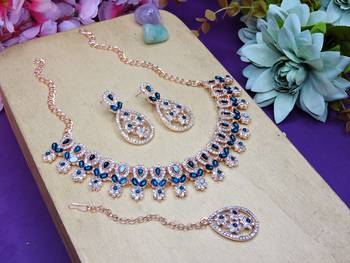 Blue rose gold premium designer american diamond and stone work necklace set 2