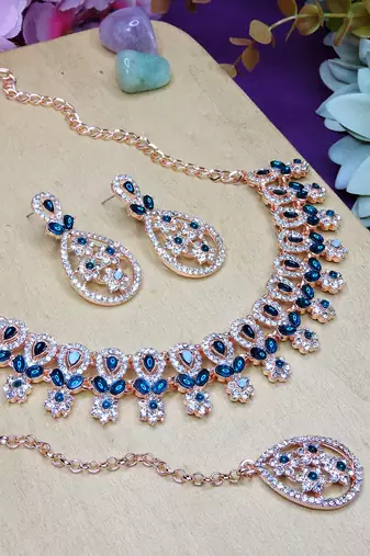 Blue rose gold premium designer american diamond and stone work necklace set