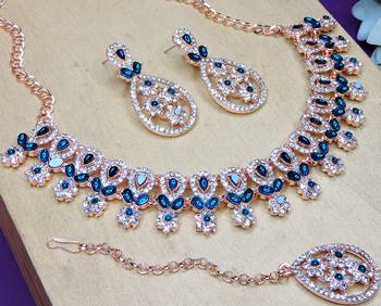 Blue rose gold premium designer american diamond and stone work necklace set 3