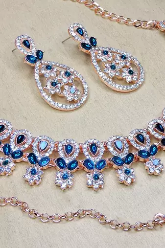 Blue rose gold premium designer american diamond and stone work necklace set