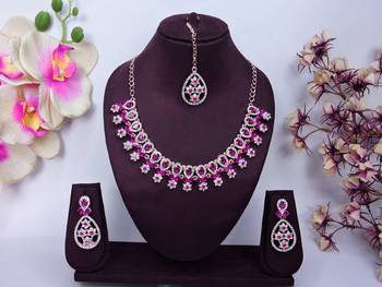 Pink rose gold premium designer american diamond and stone work necklace set 1