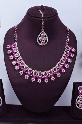 Pink rose gold premium designer american diamond and stone work necklace set