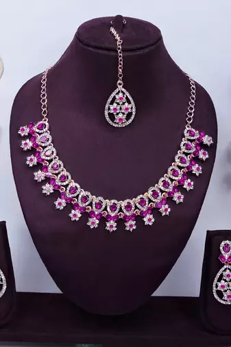 Pink rose gold premium designer american diamond and stone work necklace set