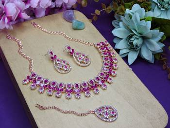 Pink rose gold premium designer american diamond and stone work necklace set 2