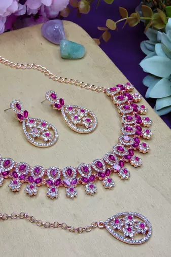 Pink rose gold premium designer american diamond and stone work necklace set