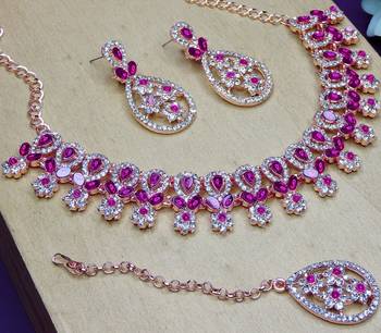 Pink rose gold premium designer american diamond and stone work necklace set 3