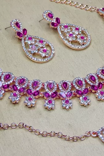 Pink rose gold premium designer american diamond and stone work necklace set