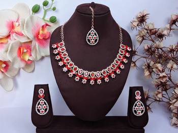 Red rose gold premium designer american diamond and stone work necklace set 1