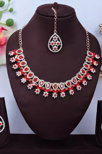 Red rose gold premium designer american diamond and stone work necklace set
