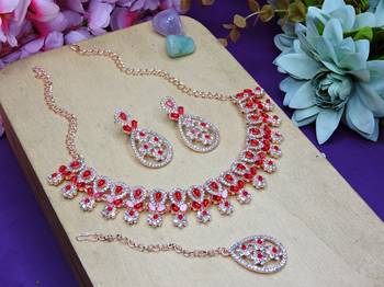 Red rose gold premium designer american diamond and stone work necklace set 2