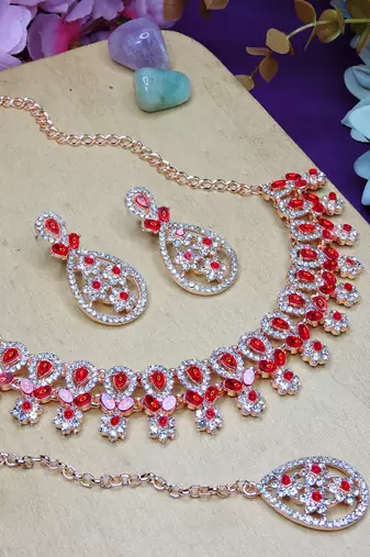 Red rose gold premium designer american diamond and stone work necklace set