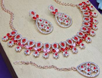 Red rose gold premium designer american diamond and stone work necklace set 3