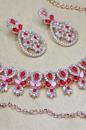 Red rose gold premium designer american diamond and stone work necklace set