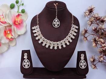 White rose gold premium designer american diamond and stone work necklace set 1
