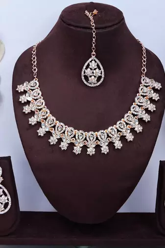 White rose gold premium designer american diamond and stone work necklace set